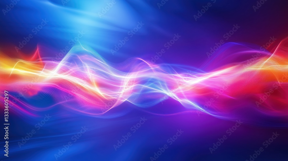 Aufkleber Abstract background with vibrant glowing light waves on a dark blue backdrop. Neon colors blend with smoke and fog, creating a dynamic and futuristic atmosphere. Perfect for presentations, cover desig