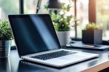 Close-up of a laptop on a stylish desk, soft glow from the screen,