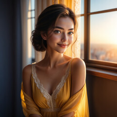 A young woman in a yellow dress is bathed in warm light as she stands near a window at sunset. Her expression is serene, and the soft glow highlights her delicate features.