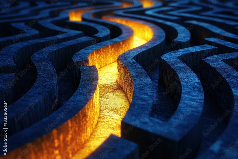 Poster path to illumination: a complex maze with a glowing pathway, illustrating the journey through challe