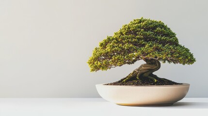 A small bonsai tree isolated against a white background, showcasing its meticulously pruned branches and compact size.