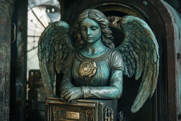 Obraz premium Sculpted Serenity: An angelic sculpture stands majestically. It captures the quiet grace of a timeless guardian. set within a weathered architectural framework.