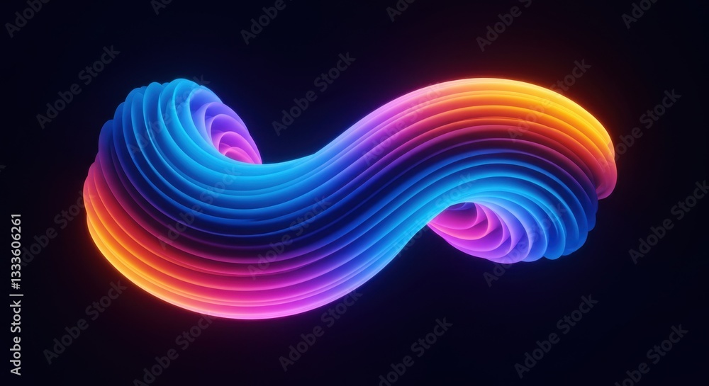 Poster abstract neon rainbow swirl: glowing colorful 3d render of a twisted ribbon in infinite loop design