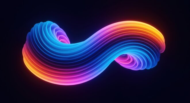 Abstract Neon Rainbow Swirl: Glowing Colorful 3D Render of a Twisted Ribbon in Infinite Loop Design