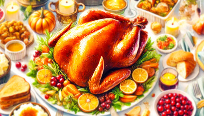  beautifully arranged Thanksgiving dinner table with a golden roasted turkey.