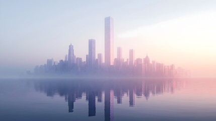 Fototapeta premium Minimalist cityscape at dawn with reflections in calm water showcasing modern architecture and serenity