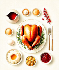  beautifully arranged Thanksgiving dinner table with a golden roasted turkey