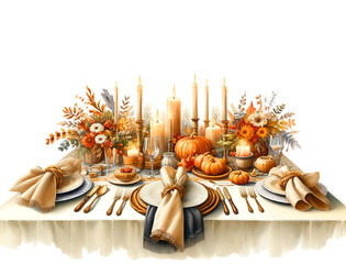 A beautifully arranged Thanksgiving table featuring warm candlelight, autumnal decorations, and an inviting festive .
