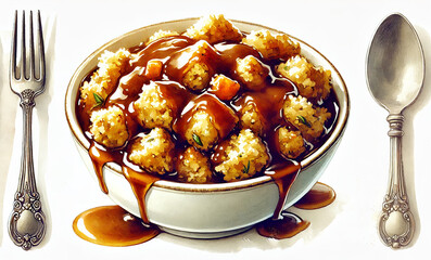 A close-up of a bowl of delicious Thanksgiving stuffing, drizzled with rich brown gravy, garnished with herbs. Isolated on white background. Created using generative AI.