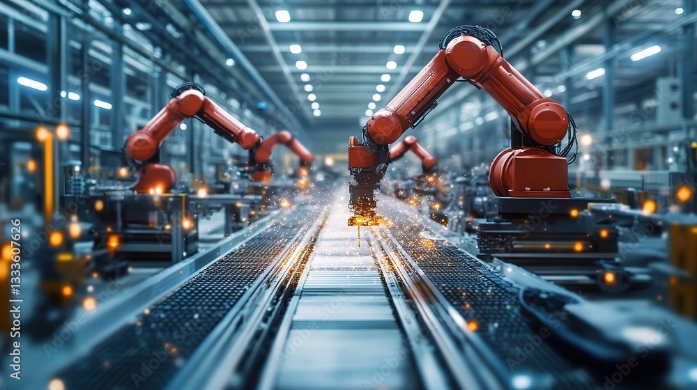 Poster high-tech factory floor with autonomous robotic arms in action