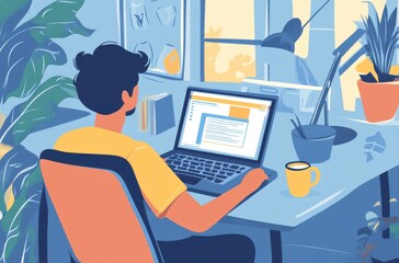 Fototapeta premium Freelance designer working on a laptop in a cozy office, coffee mug