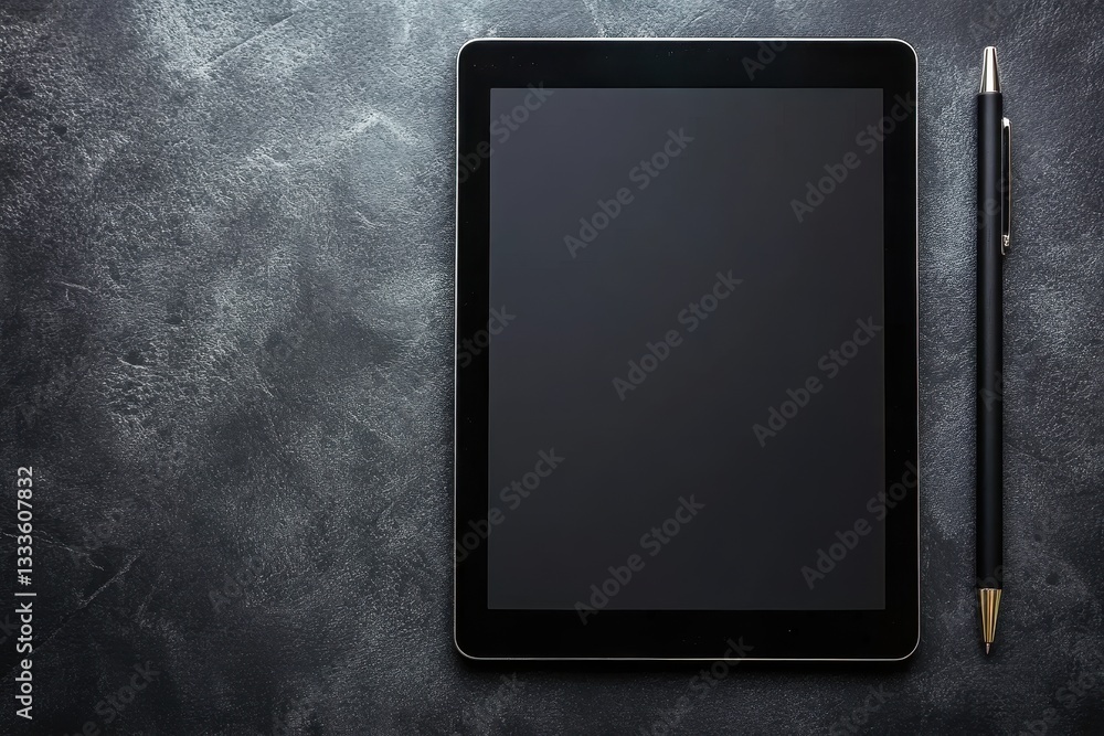 Poster tech tools: a tablet device and a sleek stylus pen are arranged on a dark surface, suggesting modern