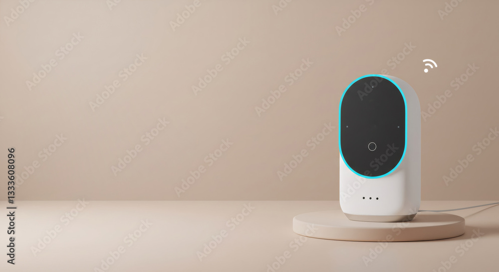 Aufkleber smart home security camera on beige background with copy space. wireless surveillance device for hom