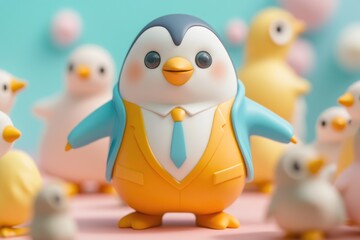 A cute penguin in a yellow suit stands out among a group of adorable chicks on a pastel background.
