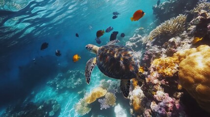 Majestic sea turtle gliding through vibrant coral reefs under sunlight waters
