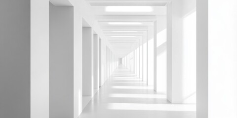 Obraz premium Infinite Corridor: An architectural study featuring a long, perspective view of a pristine, all-white corridor, bathed in soft, natural light, symbolizing minimalist elegance and modern design.