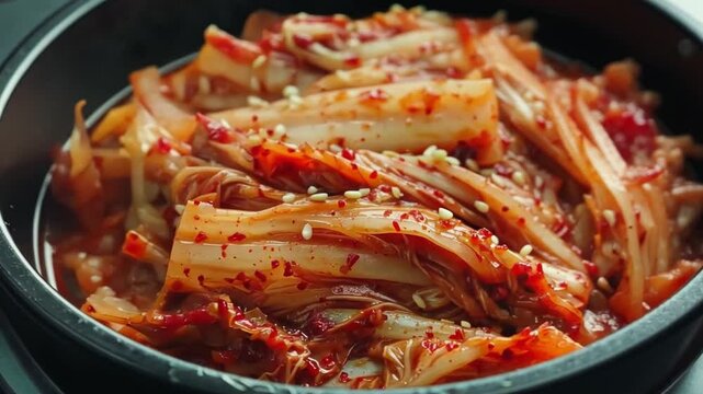 Traditional Korean Kimchi Vibrant Dish of Spicy Fermented Cabbage with Red Chili Flakes and Sesame Seeds, Showcasing Rich Flavor and Cultural Significance in Black Bowl