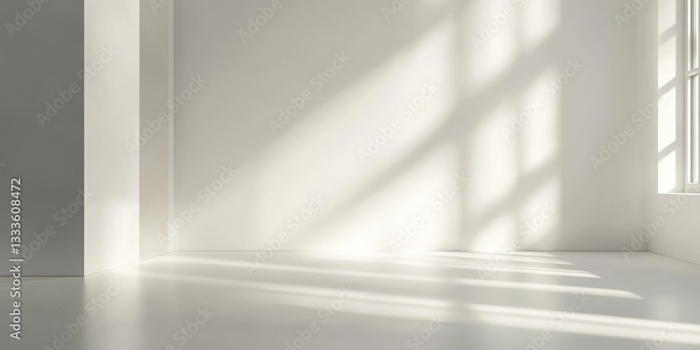 Poster empty room with sunlit shadows: the interior of a bright, minimalist room is bathed in sunlight filt