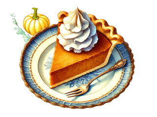 A delicious slice of classic pumpkin pie topped with whipped cream, served on a decorative plate with a vintage fork.