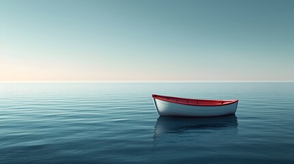 Naklejka premium Minimalist ocean artwork featuring a small boat floating serenely on calm water during twilight hours