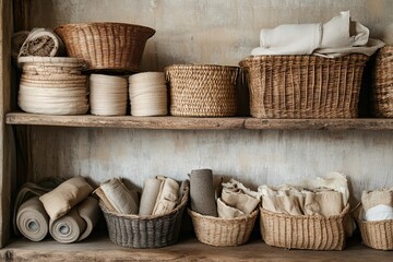 Fototapeta premium Various woven baskets and fabric rolls on the rough wooden shelf