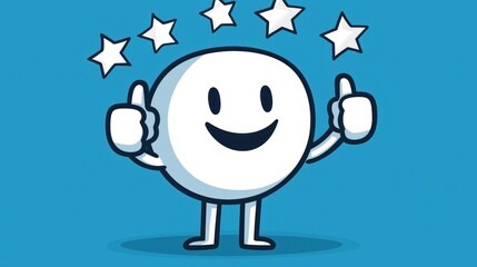 Five Star Review Happy cartoon character giving a thumbs up, with five stars floating above their head, expressing positive review, product endorsement, and customer delight.