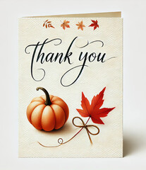 A beautifully designed thank-you card featuring elegant script text, a pumpkin, and fall leaves, evoking warmth and gratitude. Created using generative AI.