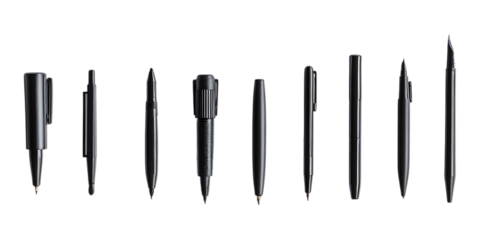 A variety of modern black writing instruments are displayed in a neat row for office supply marketing against white.