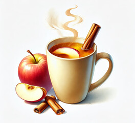 A steaming mug of hot apple cider infused with cinnamon sticks and fresh apple slices, creating a warm and comforting autumn beverage. Isolated on white background.Created using generative AI.