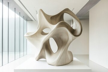 Obraz premium Modern Sculpture: A captivating abstract sculpture stands elegantly in a minimalist gallery setting, its flowing forms and textures creating a mesmerizing display of artistry.