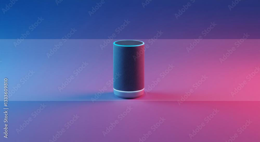 Poster smart speaker on gradient background. voice assistant device in blue and pink light. ai technology c