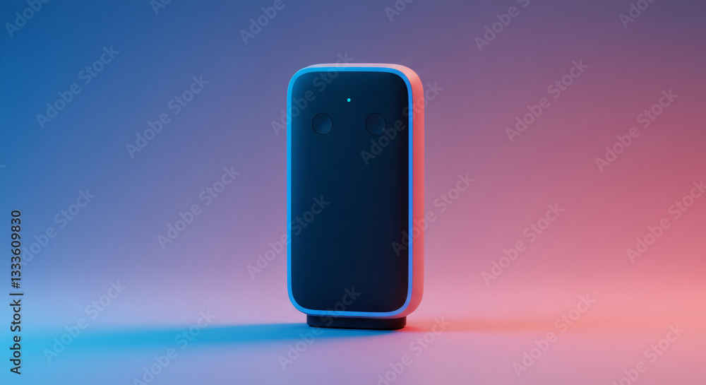 Poster smart speaker with colorful lighting on gradient background. voice assistant technology for home aut