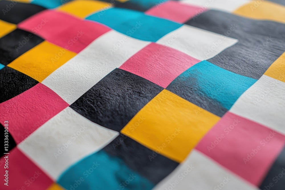 Poster vibrant checkerboard: a close-up view of a checkerboard with a unique pattern of multicolored square