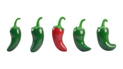 Five chili peppers, with one vibrant red specimen standing out among the green ones, isolated on a transparent background for contrast.