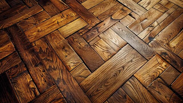 Detailed Close Up of Wooden Parquet Floor Showcasing Rich Brown Tones and Intricate Patterns, Highlighting Natural Grain and Texture of Wood in Warm, Inviting Atmosphere