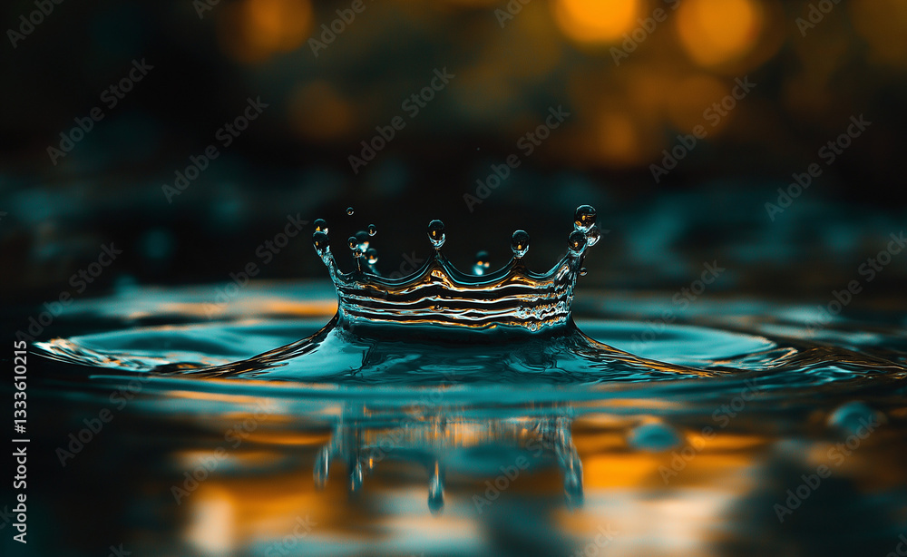 Poster high-speed photography of a water droplet creating ripples with a crown-like reflection – capturing 