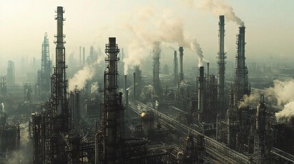 Obraz premium Industrial Oil and Gas Factory Complex with Smokestacks and Emissions