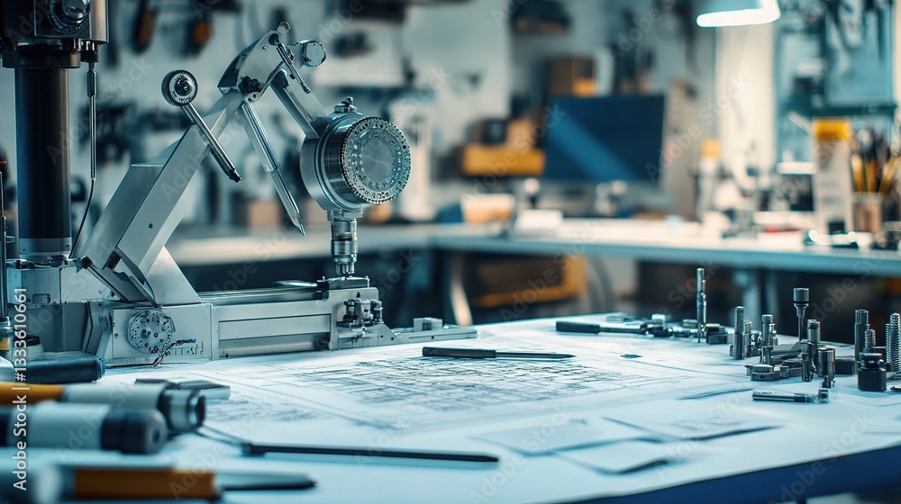 Aufkleber precision mechanical engineering workshop with tools and plans