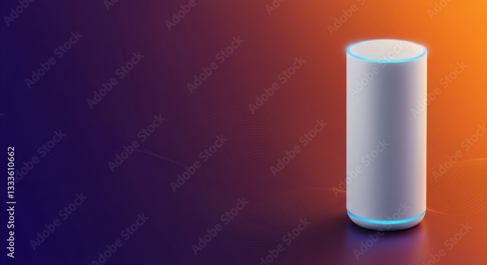 Poster smart home speaker on purple and orange gradient background. voice assistant device. artificial inte
