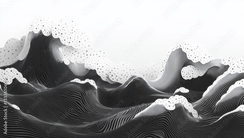 Poster abstract grayscale wave patterns, layered and textured. a stylized, 3d representation of a powerful,