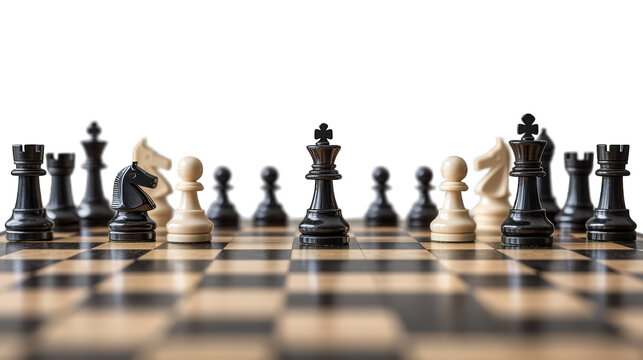 A detailed chessboard with pieces mid-game on a transparent background