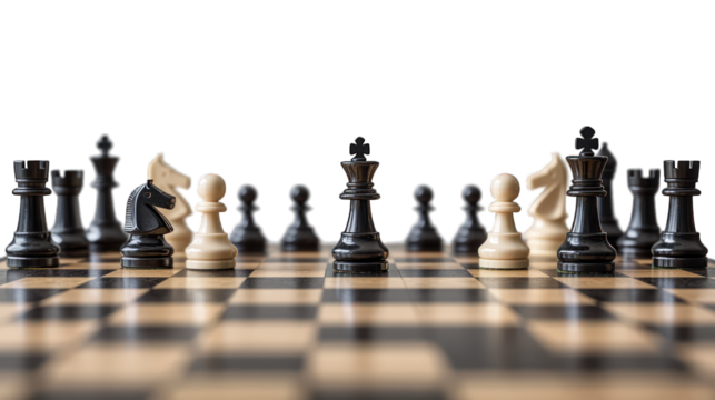 A detailed chessboard with pieces mid-game on a transparent background