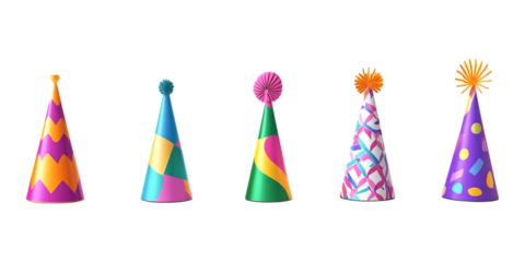 A festive row of brightly colored cone-shaped party hats featuring various patterns and toppers, creating a vibrant visual element isolated on a.
