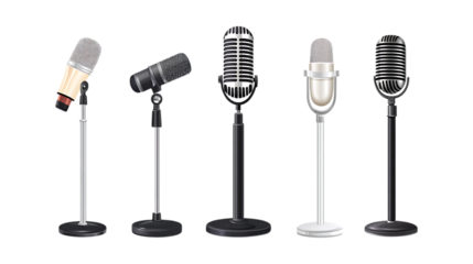 An assorted collection of professional microphones on dedicated stands is isolated against a clean white backdrop.