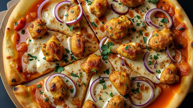  Chicken tikka masala pizza with red onions and cilantro on a golden crust