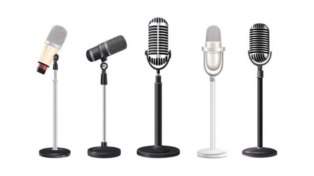 Pack Microphone Set on Transparent Background for Podcast Art, Audio Branding, and Music Illustrations