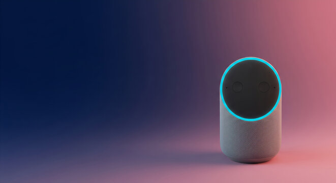 Smart speaker with glowing blue ring on gradient background. Voice assistant device for home automation. AI technology concept with copy space.