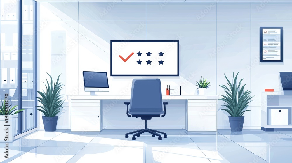 Poster satisfaction business approval a modern office setting with a digital screen displaying a checkmark 