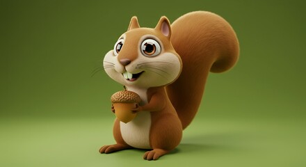 Cartoon Squirrel Holding Acorn Character with a Smiling Face and Green Backdrop