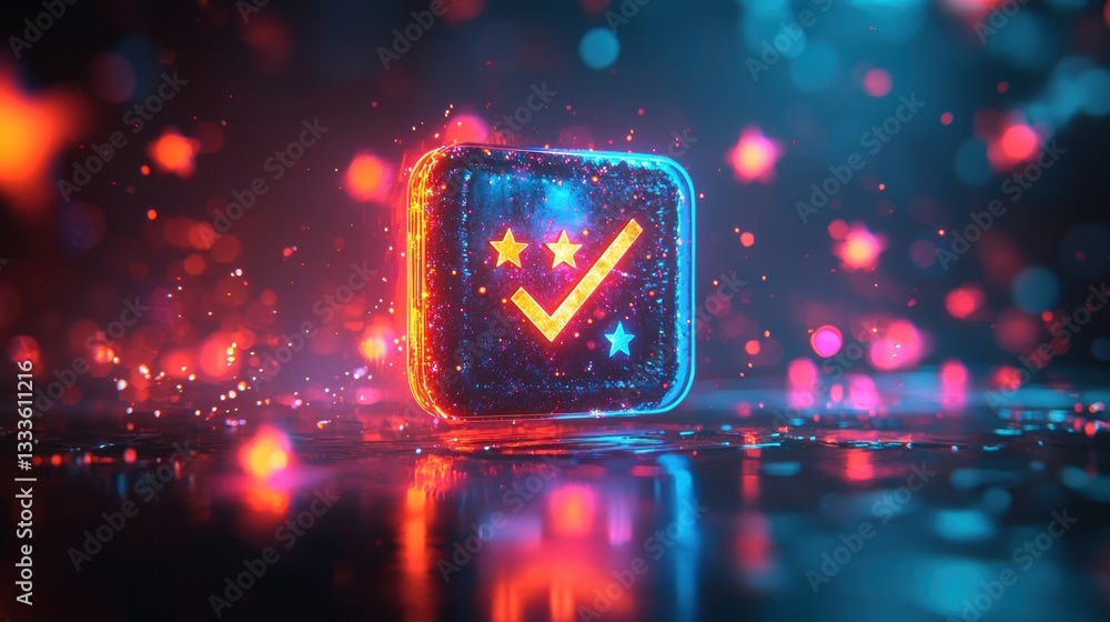 Leinwandbilder satisfaction icon and button a glowing, animated button with a checkmark and five stars appearing an